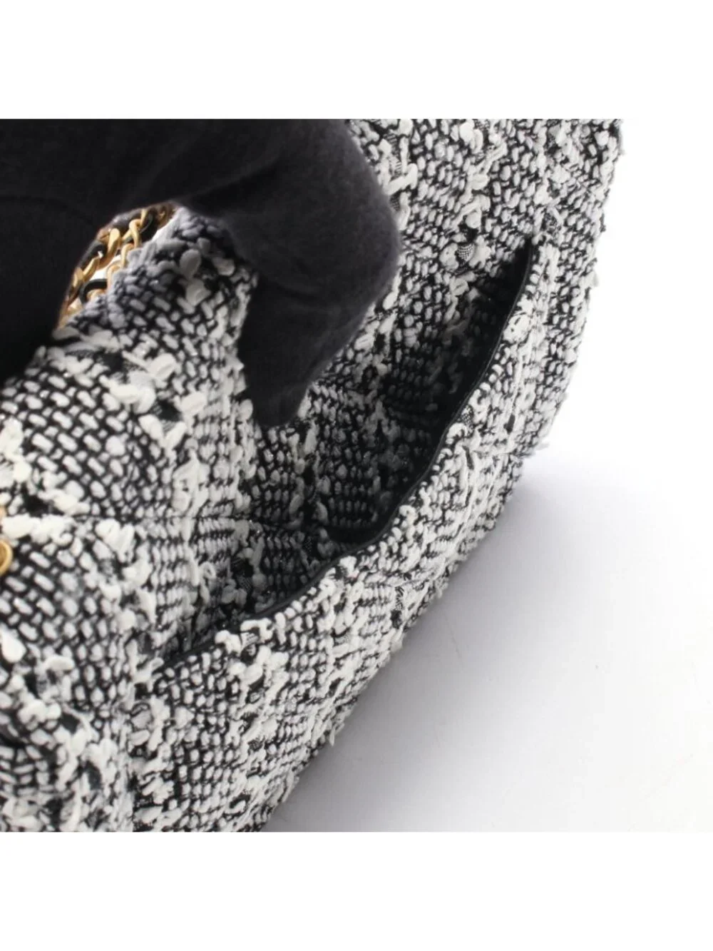 Chanel Shoulder Bag Quilted Faux Pearl White Black Fabric Leather Small Flap